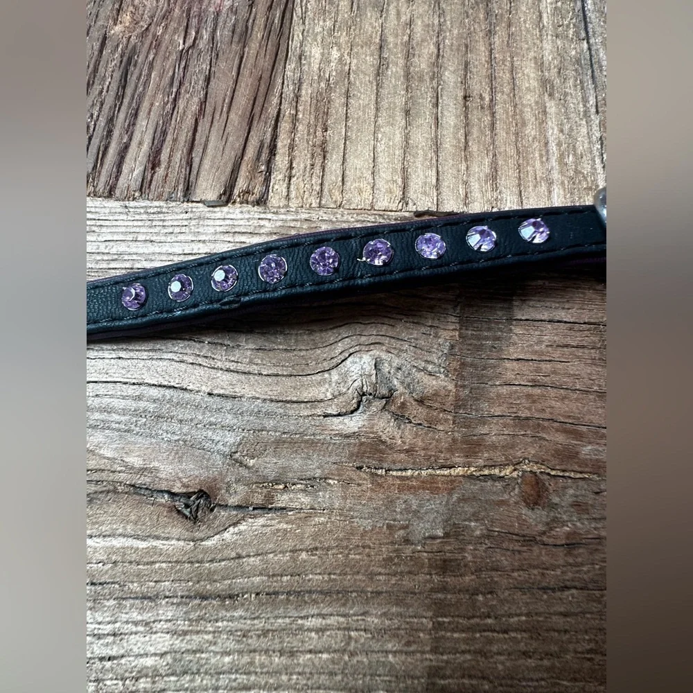Black Leather Dog Collar with Purple Rhinestones